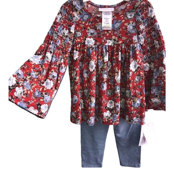 KIDS Girls BNWT Bonnie Jean Size: 2/2T Red Blue Flowered Top with Blue L… - Picture 1 of 8